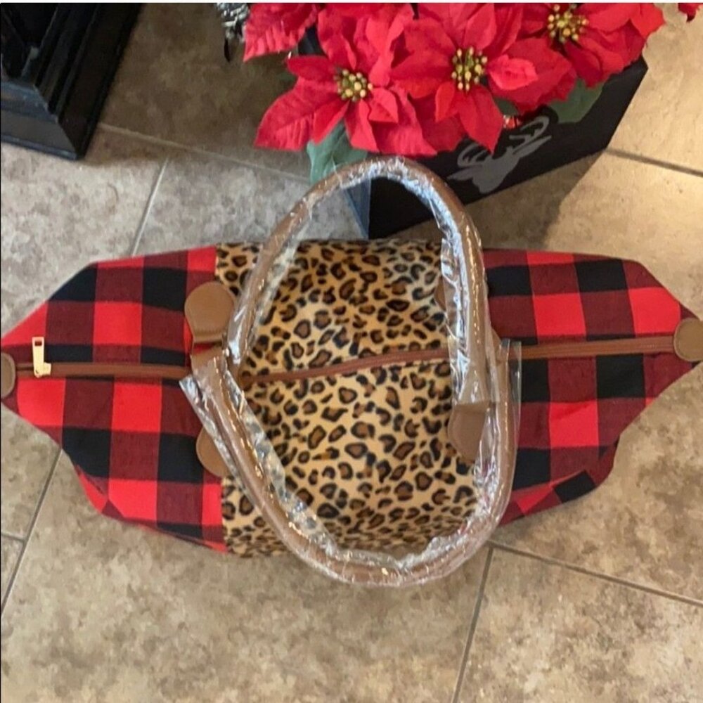 Leopard & Buffalo Plaid Duffel Bag With Brown Handles & Detachable Strap - Picture 6 of 12